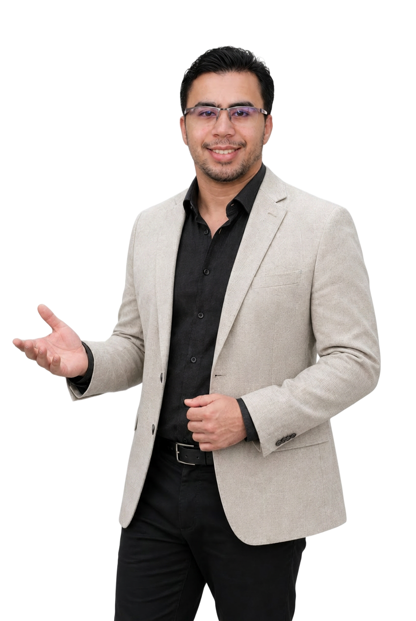Yassin — presenterend, hand uitnodigend zijwaarts