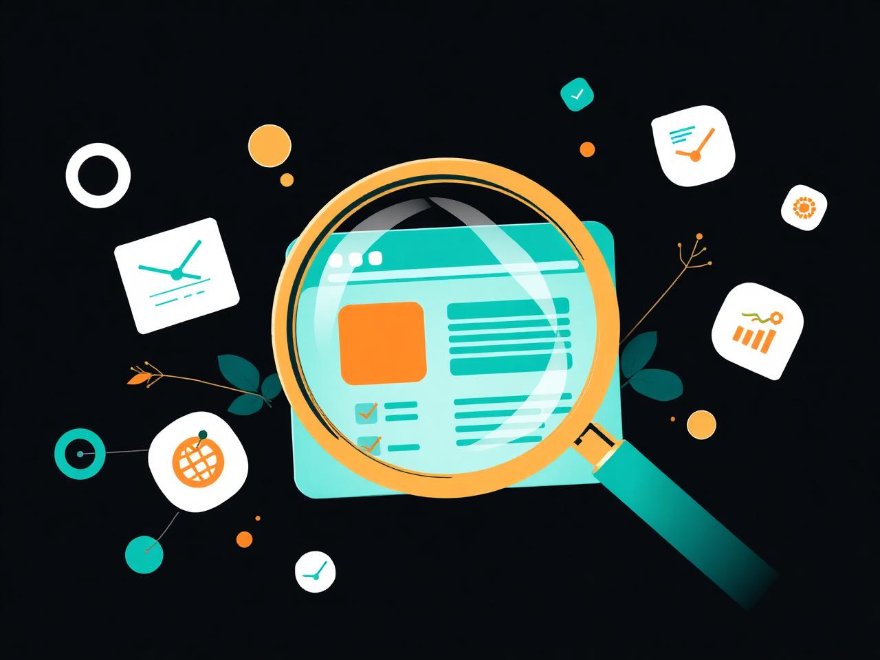Vergrootglas over website met audit-checkpoints in Synergi8-huisstijl